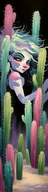 Free cactus bookmark featuring a lady between cacti